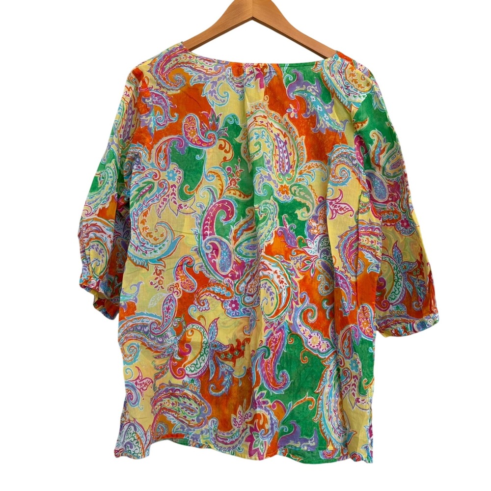 Lauren Ralph Lauren Womens 1X Paisley Ruffle Neck Cotton Blouse Multicolor - Picture 10 of 10